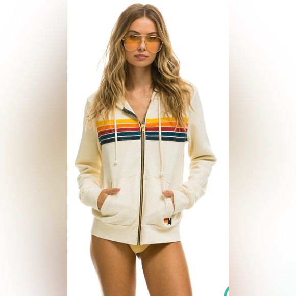 AVIATOR NATION 5 STRIPE ZIP-UP HOODIE / JACKET - VINTAGE WHITE - MEDIUM - Picture 9 of 9